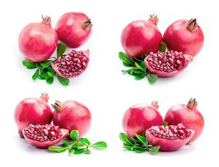 Ripe pomegranates with leaves
