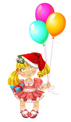 Little fairy in red dress with balloons in red Santa`s hood