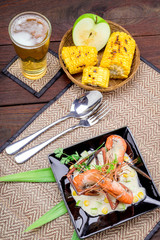 Fried shrimps with glass of beer
