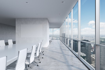 Modern panoramic conference room. A white rectangular table and chairs around it. New York City...