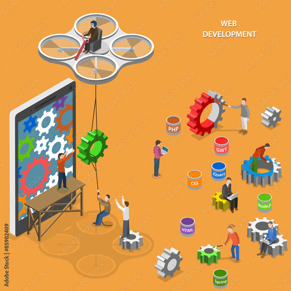 Poster web development flat isometric vector concept.