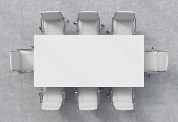 Top view of a conference room. A white rectangular table and eight chairs around. 3D interior.