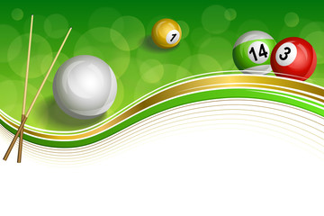 Background abstract green billiards pool cue red white yellow ball gold frame illustration vector