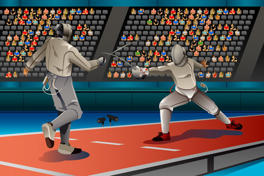 Two Men Fencing in the Competition