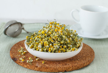 A pile of dried chamomile flowers 