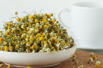 A pile of dried chamomile flowers 