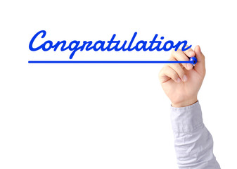 Hand writing Congratulation with blue marker on transparent boar