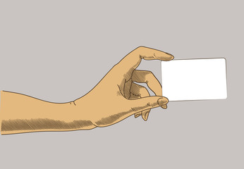 Hand holding key at keyhole. Concept illustration in retro style