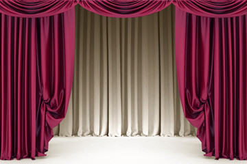 Open  crimson theater curtain with light and shadows 