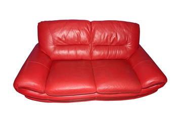 Red leather sofa.Isolated.