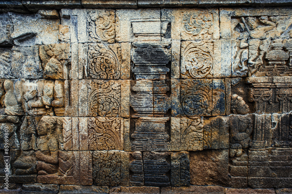 Wall mural bas-relief in borobudur