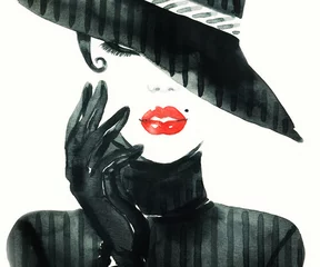 Wall murals Aquarel Face woman with elegant hat .fashion watercolor