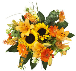 herbstlicher Blumenstrauß mit Lilien, Sonnenblume, Efeu