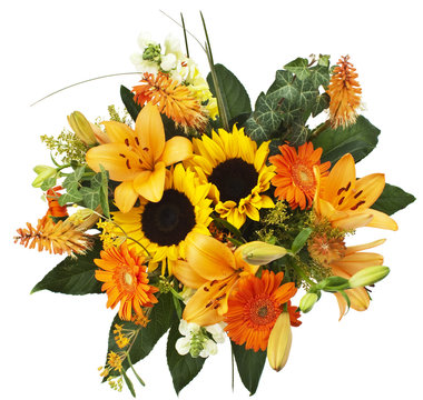 herbstlicher Blumenstrau&szlig; mit Lilien, Sonnenblume, Efeu