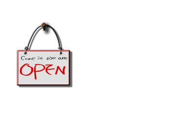 come in we are open hanging sign isolated on wall