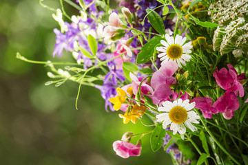 Bouquet of herbs and wild flowers, natural green background, sel