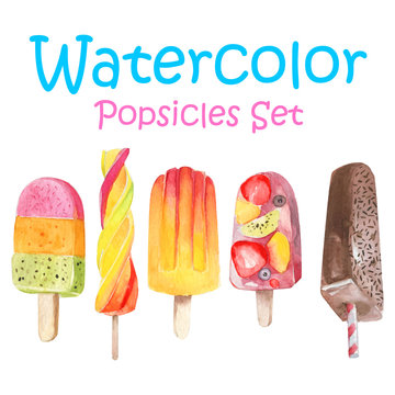 Vector Watercolor Icecream Popsicle Set