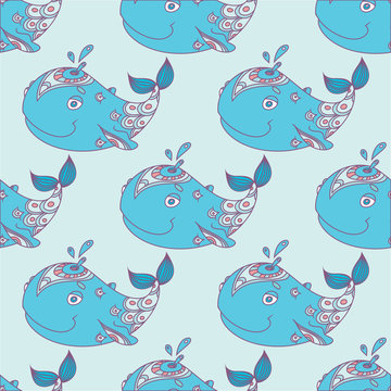 Whale vector seamless sea pattern