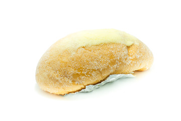Buttered bread on white background