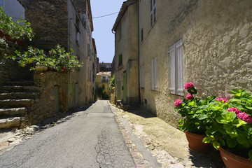 Fototapeta na wymiar Ruelle aux Géraniums de Bagnols-en-Forêt (83600), département du Var en région Provence-Alpes-Côte d'Azur, France