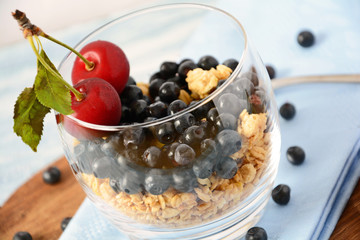 Muesli with blueberry and cherry in glass 