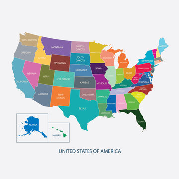 USA MAP IN COLOR WITH NAME OF COUNTRIES,UNITED STATES OF AMERICA MAP, US MAP flat illustration vector 