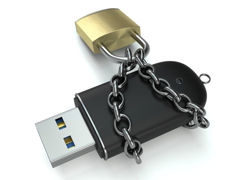 Pendrive secured with a padlock and chain. Data safety concept.