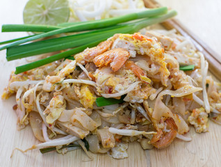 Phad thai. Fried noodle with shrimp closeup