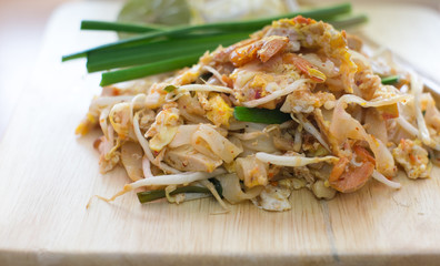 Phad thai. Fried noodle with shrimp closeup
