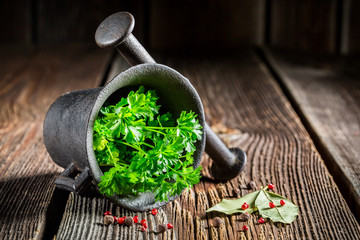 Colorful spices and herbs in mortar