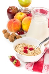 Oatmeal, milk, bowl.