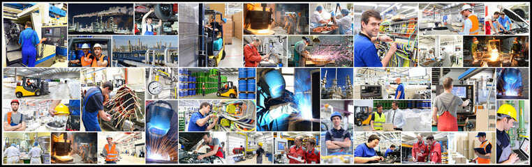 Collage: Jobs in der Industrie, Handel und Gewerbe; verschiedene Motive wie Mechaniker, Stahlwerk,...