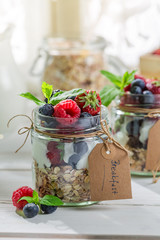 Healthy breakfast with yogurt and fruits