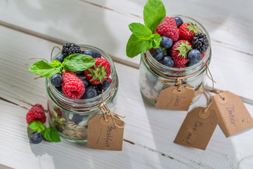 Healthy muesli with fruits and yogurt