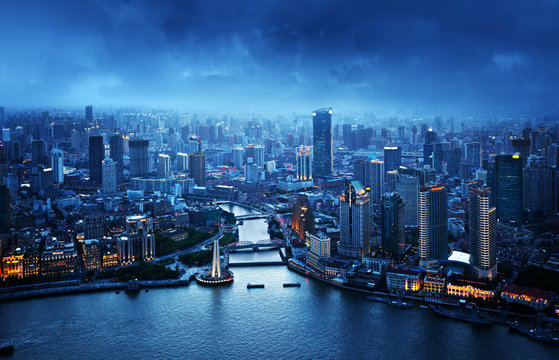 skyline of Shanghai at sunset, China