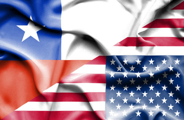 Waving flag of United States of America and Chile