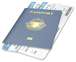 Passport and ticket. Blue Passport and Boarding Pass. Non-Country golden Blazon.