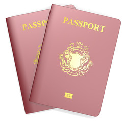 Passports. Two Red Passports. Non-Country golden Blazon.