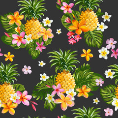 Pinapples and Tropical Flowers Background -Vintage Seamless Pattern