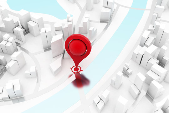 Map pin pointer. 3D city.