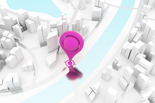 Map pin pointer. 3D city.