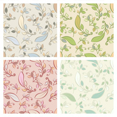 Set of vector seamless pattern with pastel decorative leaves. Ve