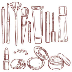 Set of doodles on cosmetics pencil, brush, blush, lipstick, masc