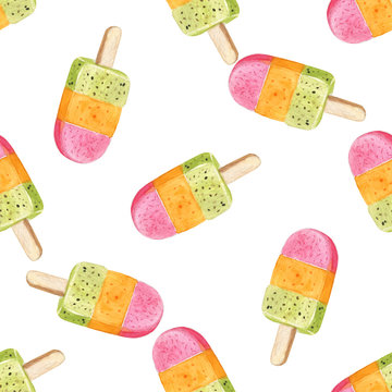 Vector watercolor icecream popsicle seamless pattern