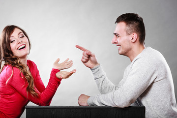 Happy couple talking on date. Conversation.