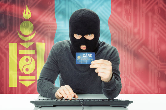 Concept of cybercrime with national flag on background - Mongolia