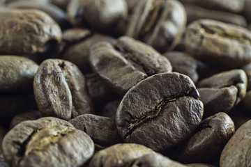 Handful of coffee close up with lateral light - macro coffee grain
