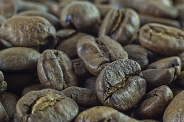 Handful of coffee close up with lateral light - macro coffee grain
