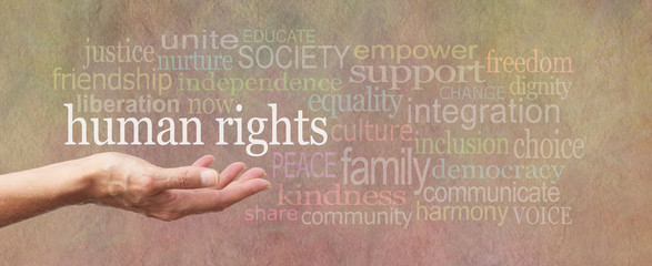 Human Rights is in Our Hands campaign banner - female's open palm with the words 'human rights' above surrounded by a relevant word cloud on a wide stone effect background