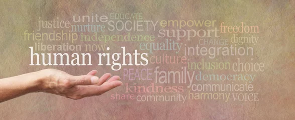 Foto op Plexiglas Human Rights is in Our Hands campaign banner - female's open palm with the words 'human rights' above surrounded by a relevant word cloud on a wide stone effect background © Nikki Zalewski